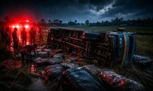 দাঁতমারায় ধানক্ষেতে উল্টে পড়ল ট্রাক, উদ্ধার ২৮৫০ কেজি চোরাই ভেজা রাবার